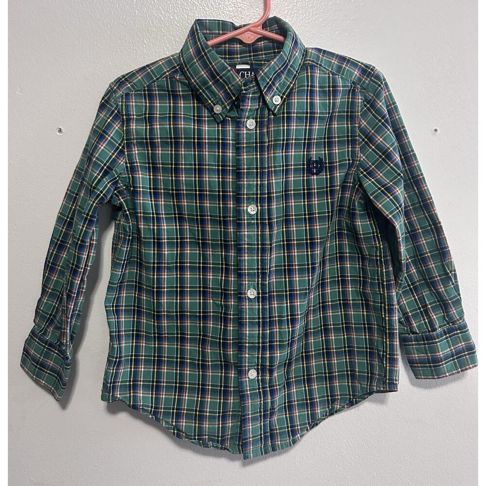 Chaps Toddler Boys Button-up Shirt Size 3T Green Plaid Long Sleeve Collared